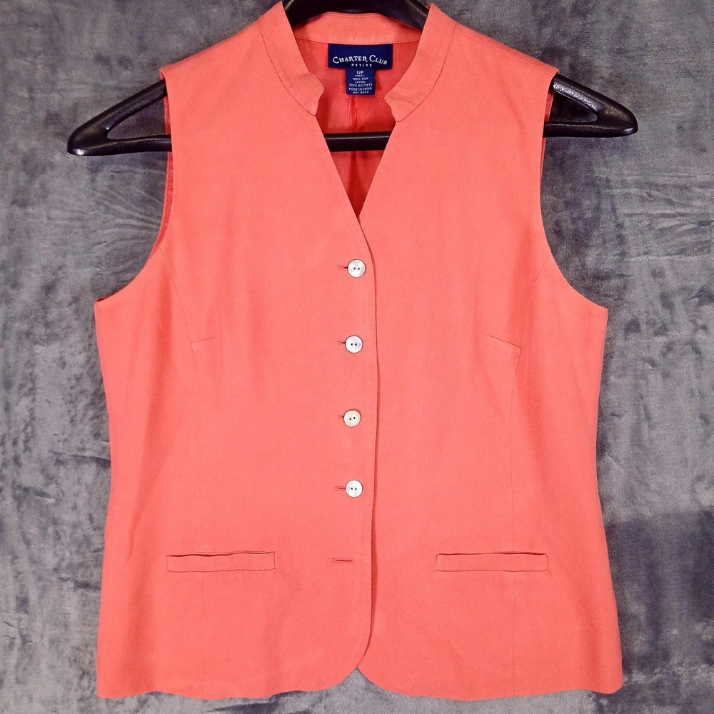 Charter Club Vest Womens 12P Pink Silk Button Front Lined Petite Career